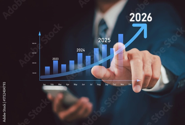 Fototapeta 2026 business growth, new year marketing plan continue to increase return. Development to success and motivation in 2026, Planning, opportunity, challenge and business strategy in new year.