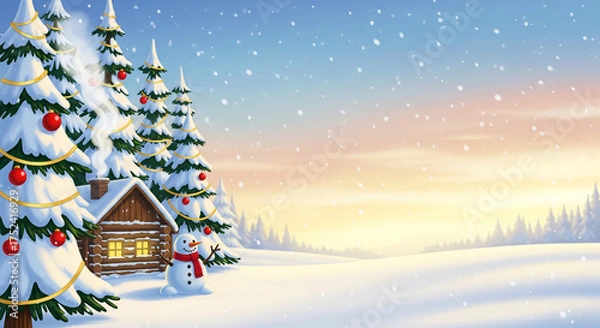 Fototapeta A peaceful winter Christmas scene with a cozy log cabin nestled among decorated fir trees as snow gently falls over the landscape