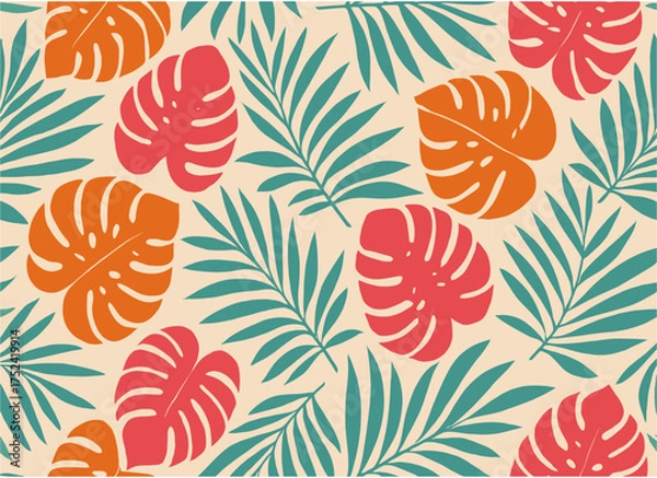 Obraz A vibrant seamless tropical pattern featuring colorful monstera and palm leaves in a trendy, retro-style botanical design vector