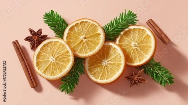 Fototapeta Dried orange slices arranged with cinnamon sticks and star anise on a soft pastel background, creating a warm and inviting flatlay composition for seasonal decor