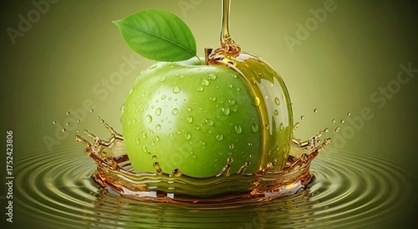Fototapeta Dynamic shot of clear, golden apple juice splashing around a crisp, green apple with a leaf, as a stream of juice is poured onto the fruit.