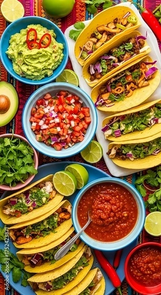 Fototapeta Vibrant overhead view of a colorful, generous Mexican food feast featuring multiple plates of tacos, guacamole, pico de gallo, and salsa on a patterned cloth.
