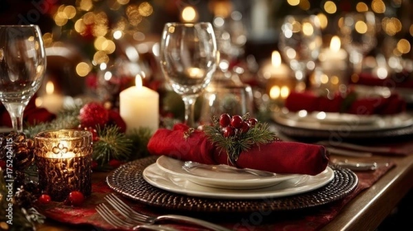 Fototapeta Elegant Christmas Dinner Table Setting with Candles and Holiday Decor