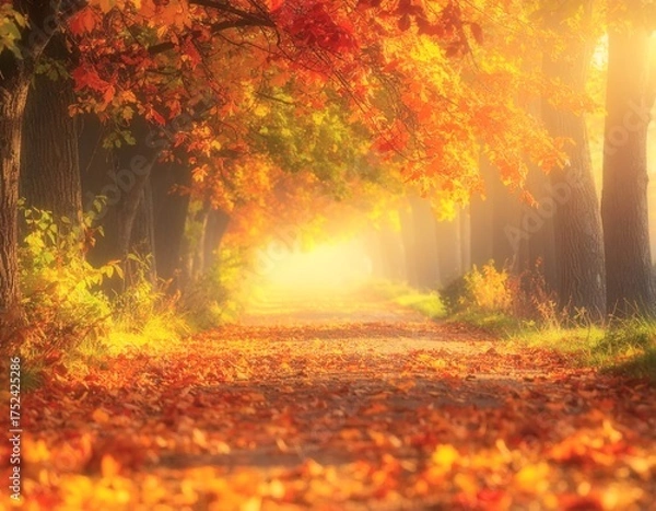 Obraz 木漏れ日差す紅葉の一本道