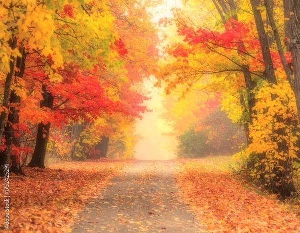 Obraz 木漏れ日差す紅葉の一本道