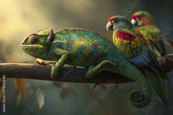 Fototapeta Chameleon rests on a branch as colorful parrots observe in a lush forest early in the morning