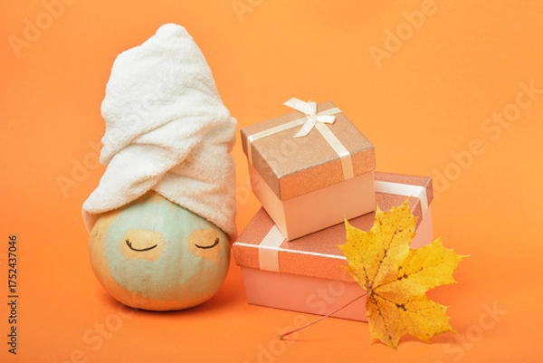Fototapeta A pumpkin smeared with clay with a towel on top and gift boxes on an orange background, the time for holiday gifts and sales concept