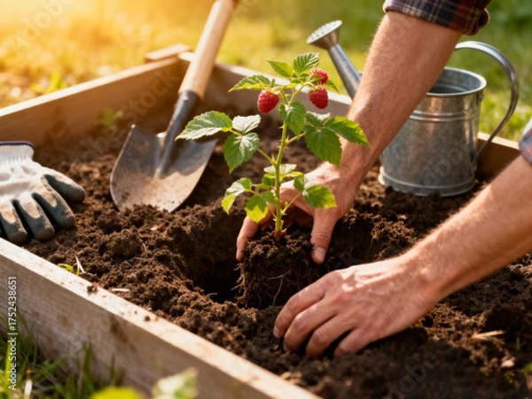 Fototapeta Farmer planting raspberry bush with bright red berries into soil in raised wooden garden bed, with gloves, shovel, and watering can on side