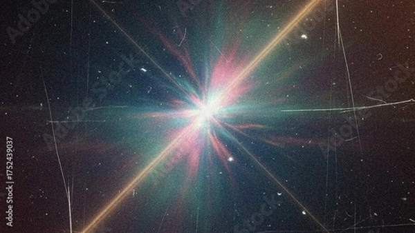 Obraz Explosive Central Light Leak Overlay: Vibrant Grainy Starburst with Rainbow Hues, Retro Film Scratches, and Dust Texture on a Dark Analog Background, Perfect for Vintage Photo Effects 