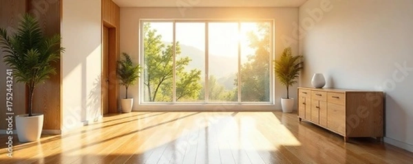 Obraz Sunlight Streams Through Large Window Illuminating Gleaming Hardwood Floors in Modern Minimalist Interior, Bright Airy Atmosphere