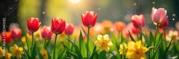 Obraz Spring Rain Revitalizes Tulips and Daffodils in a Sun-Dappled Garden, Peaceful New Life Scene