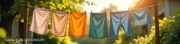 Obraz Colorful Laundry Drying on Rustic Clothesline in Sunny Garden, Gentle Breeze, Spring Summer Theme