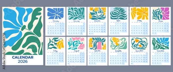 Fototapeta Printable 2026 Year Calendar with abstract flower illustration. Clean Layout, Monday Start. Hand drawn lettering. Minimalist Abstract Floral Art Prints
