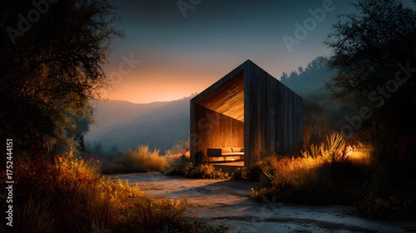 Obraz Minimal wood cabin in open meadow under orange sunset glow 