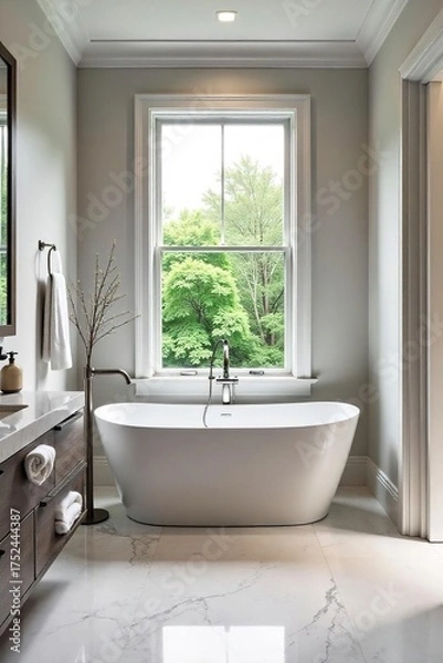 Obraz Luxurious Modern Bathroom Design Freestanding Tub, Marble Accents, Natural Light, Spa-Like Atmosphere