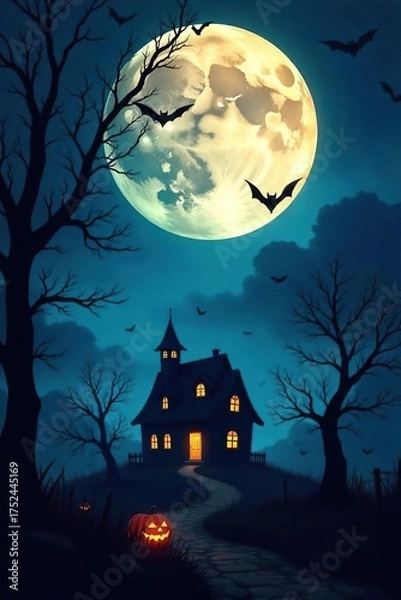 Obraz Spooky Halloween Night Scene Full Moon, Bats, Haunted House Silhouette