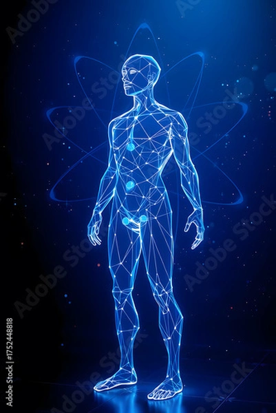 Fototapeta A digital illustration of a human body in a low poly geometric style, overlaid with a diagram of an atom structure. The image is rendered in shades of blue against a dark background