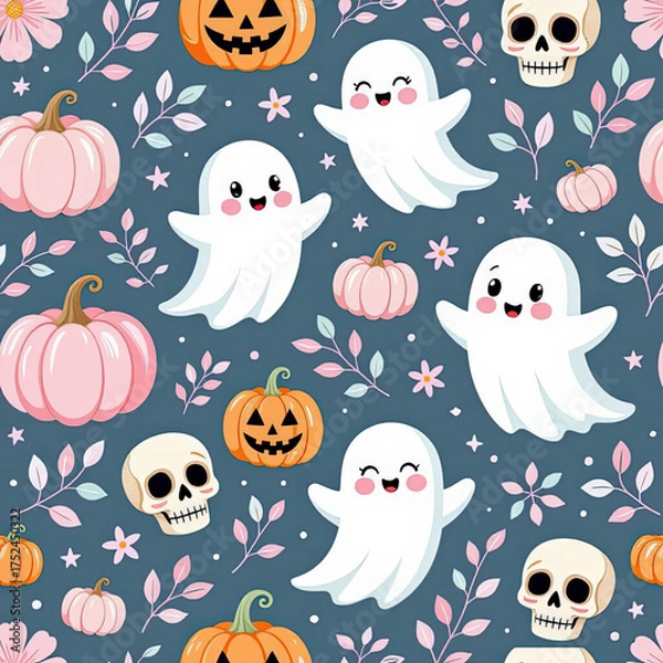 Fototapeta A repeatable tile design featuring whimsical ghosts, tiny pink and orange pumpkins, and smiling skulls, pastel color palette, soft pink, pale lavender, mint green.eps
