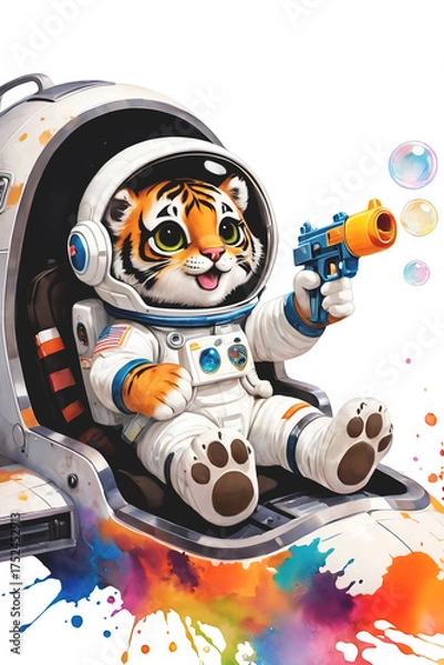 Obraz A cheerful astronaut tiger cub sits inside a sleek space capsule, joyfully releasing soap bubbles from a colorful toy gun. 