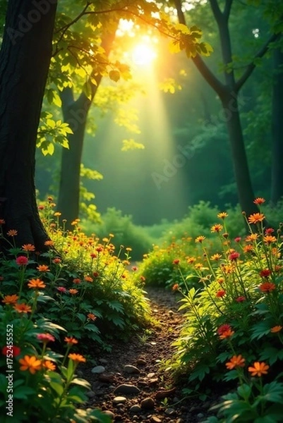 Obraz Golden Hour Sunlight Illuminates Lush Green Forest, Dappled Light on Wildflowers and Ferns ? Perfect for Summer Nature and Travel