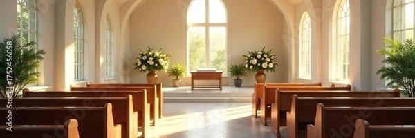 Obraz Serene Chapel Farewell Service Peaceful Atmosphere, Elegant Floral Arrangements, Soft Natural Light