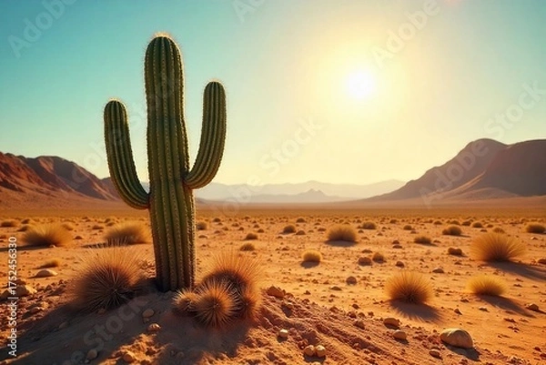 Obraz Lone Cactus in Desolate Landscape Scorching Sun, Intense Heat, and Parched Earth Emphasize Isolation