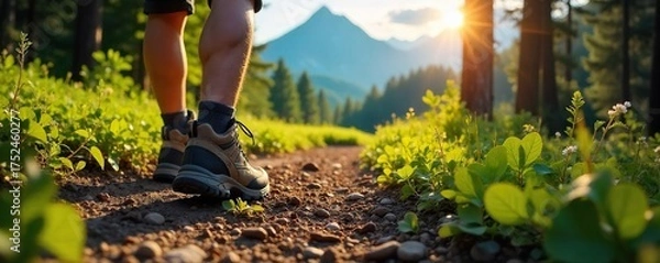 Obraz Hikers Boot on Sun-Dappled Trail Upward Trek Towards Majestic Mountain Peak in Lush Green Forest. Perfect for adventure, travel, and outdoor lifestyle imagery.