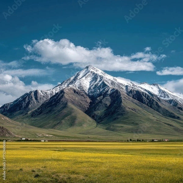 Obraz and keyword list based on the image

 Snow-capped Peak Rises Above Fields in a Rural Valley Landscape.