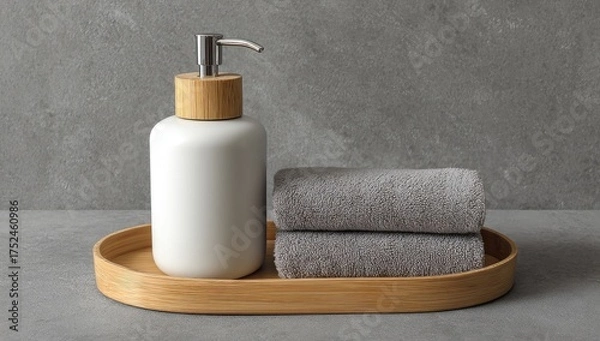 Fototapeta White ceramic pump bottle and gray towels on a wooden tray, against a gray stone background