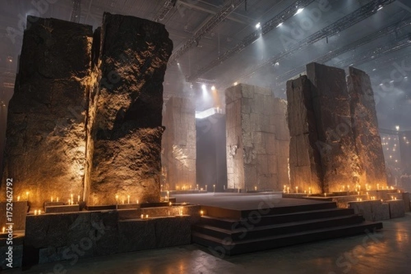 Obraz Large stone pillars, lit candles, stage