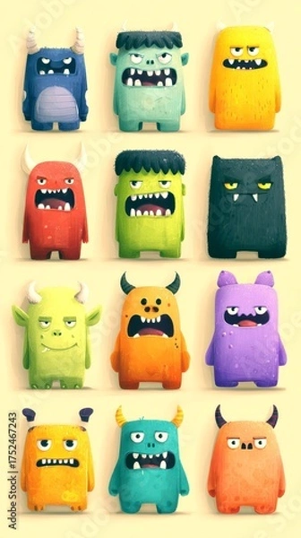 Fototapeta Collection of cartoon monsters in various expressions and designs on a neutral background