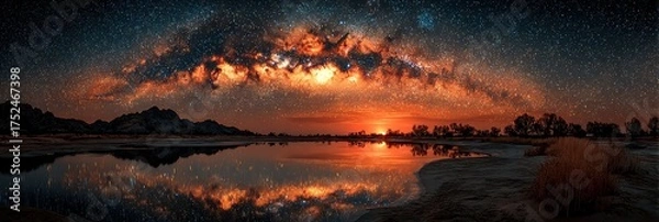 Fototapeta Stunning view of the Milky Way galaxy reflecting on a serene lake during twilight in a remote landscape