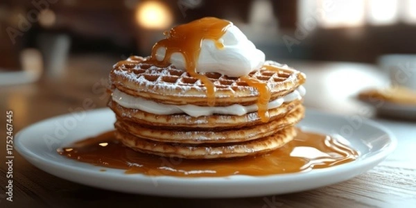 Obraz Deliciously stacked waffles topped with whipped cream and syrup served on a plate in a cozy setting