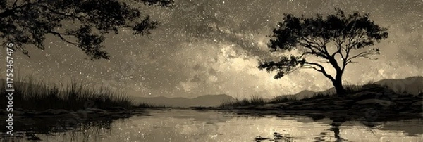 Fototapeta Nighttime landscape with stars reflecting on water near a solitary tree under a sky