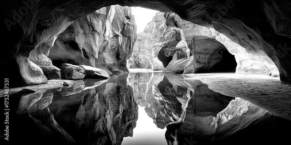 Fototapeta Discover tranquil reflections in a serene canyon with sandy shores at sunrise