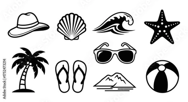 Fototapeta Illustration of beach themed icons including hat shell wave and palm tree