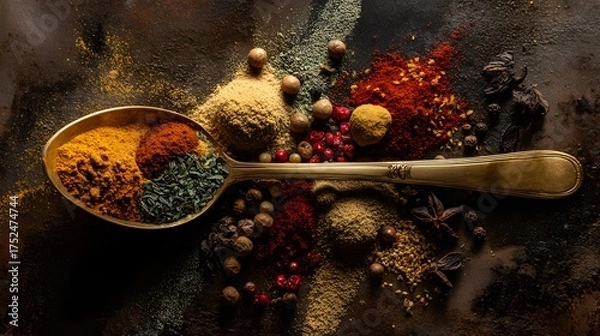 Fototapeta Colorful spices are arranged on a spoon and scattered around.