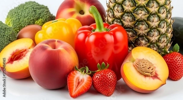 Obraz Vibrant and nutritious fresh fruits and vegetables peaches, strawberries, bell peppers, pineapple, broccoli. Essential for a healthy diet and well-being