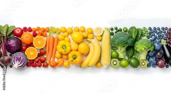 Obraz A vibrant and colorful arrangement of fresh fruits and vegetables displayed in a rainbow gradient, showcasing a variety of healthy produce
