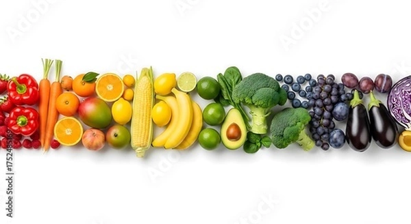 Obraz Vibrant and Fresh Array of Fruits and Vegetables Arranged in a Rainbow Spectrum, Showcasing Healthy Eating, Diverse Produce, and Nutritional Benefits on a White Background