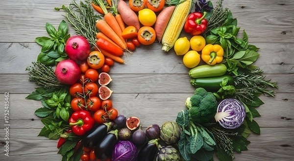 Obraz A vibrant circular wreath of fresh rainbow-colored fruits and vegetables on a rustic wooden table, representing healthy eating and nutrition