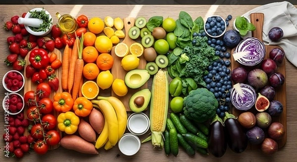 Obraz Vibrant and Fresh Assortment of Fruits and Vegetables Organized by Color on a Wooden Cutting Board