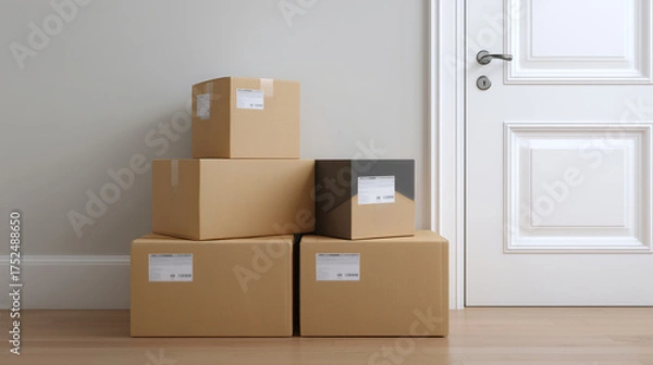 Fototapeta Delivery packages left at the doorstep or inside the home, ready for unboxing.