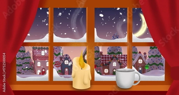 Obraz Burning candle and coffee cup over window frame against snow falling over winter landscape