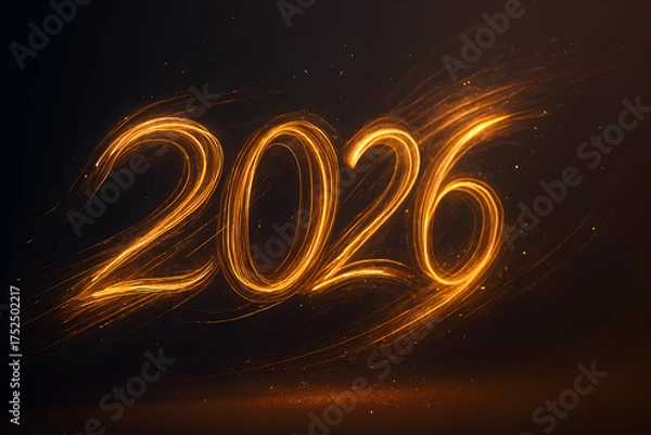 Fototapeta Golden Light Trails Forming 2026 – Abstract Motion Glow New Year Celebration Background