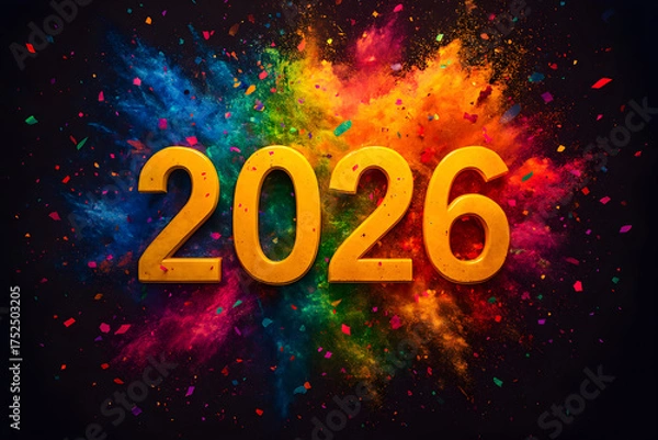 Fototapeta Vibrant Color Explosion Happy New Year 2026 – Multicolor Confetti and Powder Burst Celebration Art