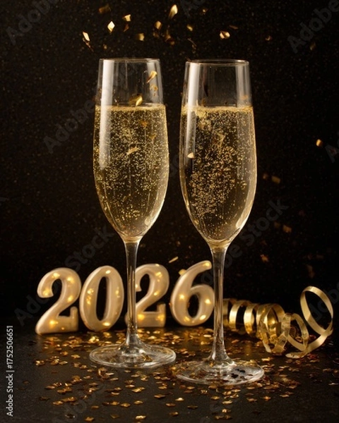 Fototapeta Two champagne glasses with 2026 golden text on dark background, editorial celebration composition highlighting New Year festivities, luxury lifestyle, and the elegance of modern holiday culture