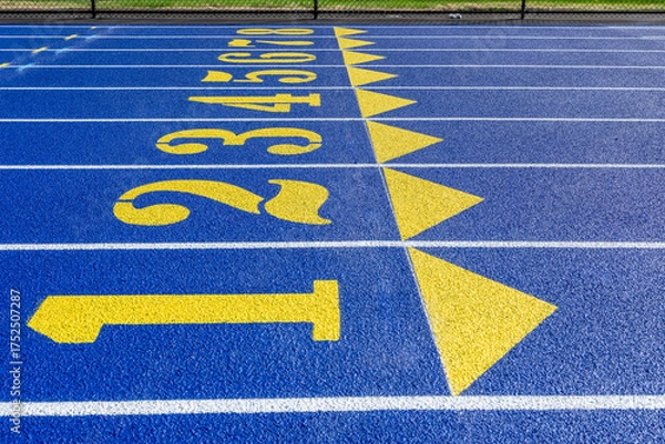 Fototapeta Close up photo of outdoor blue running track lanes with yellow, gold, numbers one, two, three, four five, six, seven, eight, 1, 2, 3, 4, 5, 6, 7, 8, with on a new track with white lane lines.