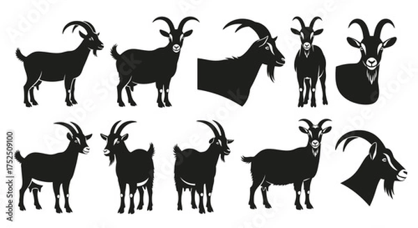 Obraz A collection of ten black silhouette illustrations of goats in various poses and angles, including full body and head shots.