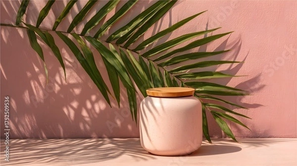 Fototapeta A light pink jar with a wooden lid sits on a surface under a palm frond.